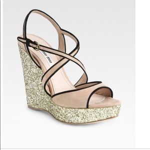 Miu miu glitter and suede sling back wedge sandal
